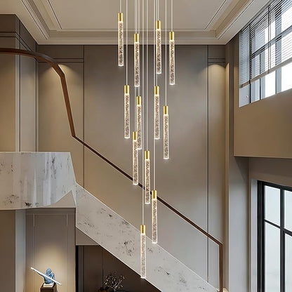 12-Lights Bubble Chandelier for Entryway High Ceiling-137 Height Adjustable Crystal Chandelier,3 Color Temperature Dimmable LED Pendant Light Fixture for Foyer Living Room Staircase,Gold