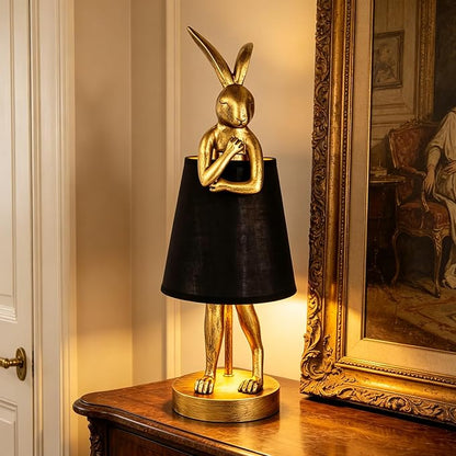 YHT Bunny Table Lamp, Cute Animal Rabbit Lamp,15.7" Vintage LED Desk Light with Linen Lampshade, for Bedroom, Study Room, Office, Home Decor,Mothers Day Gifts for Mom(Black)