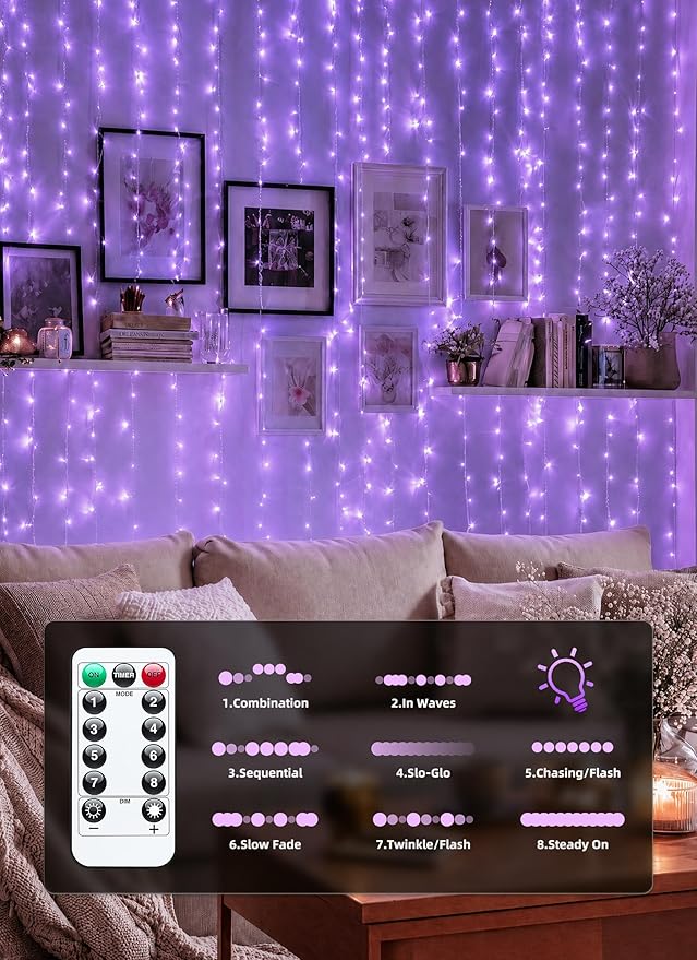 Brightown 300 LED Purple Fairy Curtain Lights, 9.8ft x 9.8ft String Lights, USB Plug in 8 Lighting Modes Christmas String Hanging Lights with Remote for Bedroom Indoor Outdoor Party Xmas Purple 1 Pack