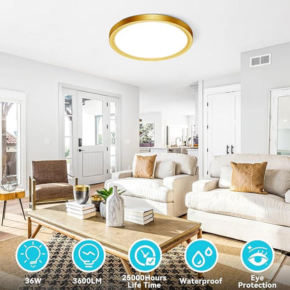 libtit 16Inch Flush Mount LED Ceiling Light Fixture, 3000K 4000K 6500K Adjustable, 36W 3600lm Gold Satin Round Ceiling Lamp for Bathroom Shower Hallway Kitchen, 2 Pack