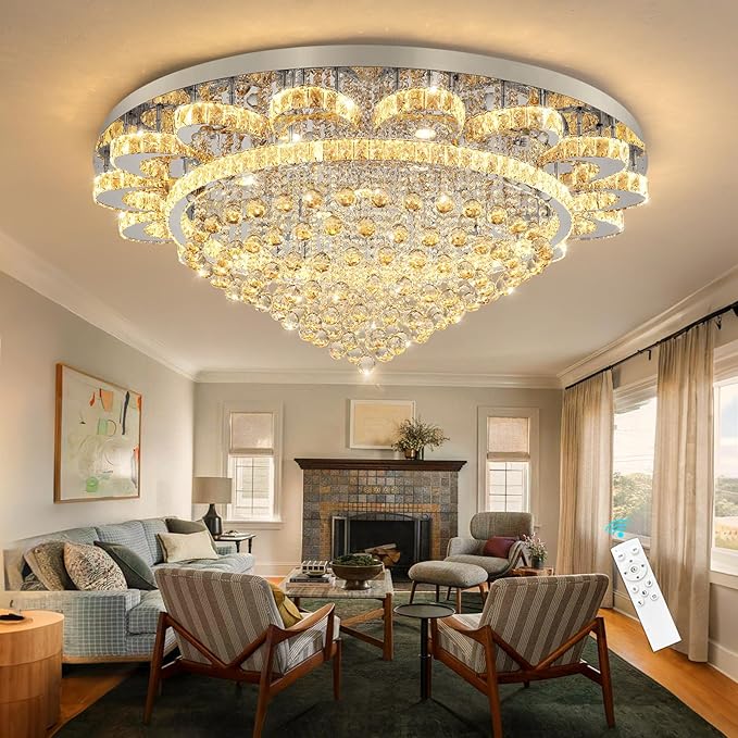 HAIXIANG Modern Chandelier Living Room Light Large Luxury Chandeliers for High Ceiling Foyer Entryway Lights Dimmable 110W LEDs Crystal Silver Lighting Fixtures