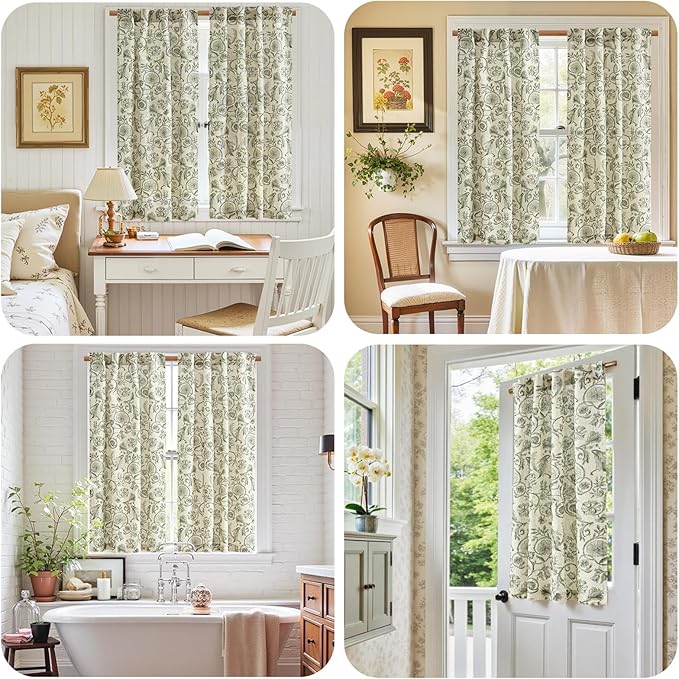jinchan Small Window Curtains 45 Inch Linen Floral Curtain Set for Kitchen Bathroom Cafe Curtains Light Filtering Window Treatment Farmhouse Cottagecore Back Tab Drapes 2 Panels Green on Beige