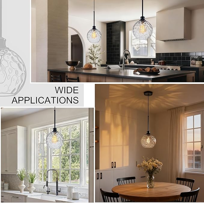 Glass Pendant Light Fixtures, Black Globe Pendant Lights Kitchen Island with 7.8" Clear Hammered Glass, Adjustable Hanging Farmhouse Kitchen Island Lighting For Bathroom Dining Room Sink 1 Pack