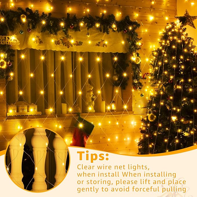 Ollny Net Lights Outdoor Mesh Light 10x7ft, 210LED Clear Wire Connectable Christmas Net Lights with 8 Modes, IP67 Waterproof Bush Light for Tree Wall Ceiling Outside Decorations, Warm White