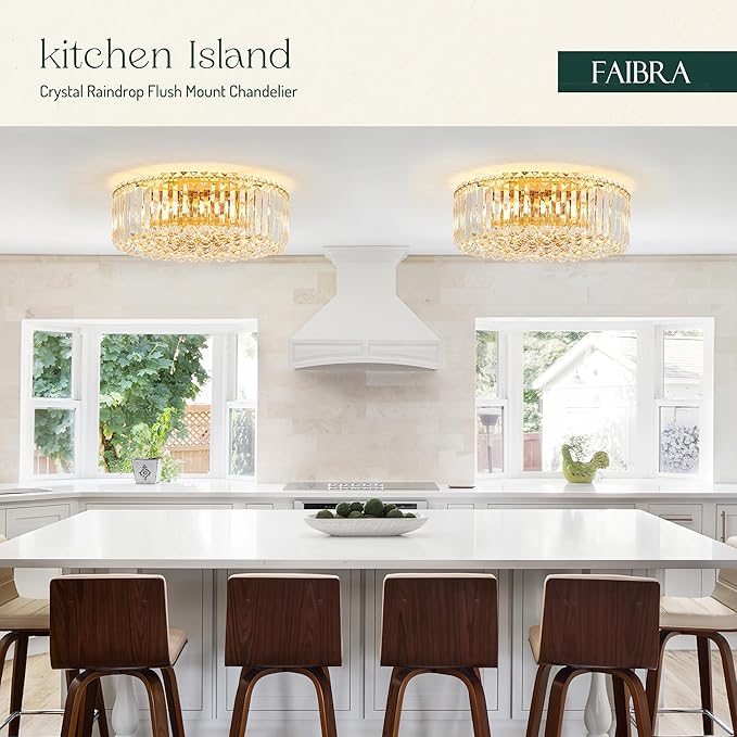 17.3" Gold K9 Crystal Raindrop Flush Mount Ceiling Light, Modern Chandelier, Round Luxury Light Fixture for Dining Room, Bedroom, Hallway, Kitchen Island & Living Room