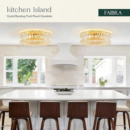 17.3" Gold K9 Crystal Raindrop Flush Mount Ceiling Light, Modern Chandelier, Round Luxury Light Fixture for Dining Room, Bedroom, Hallway, Kitchen Island & Living Room