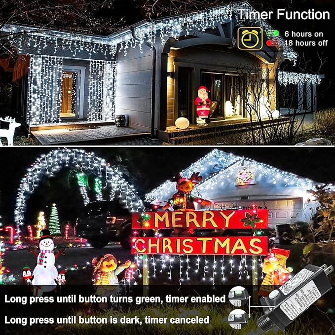 White Christmas Lights Outdoor, 66ft 640 LED Icicle Lights for Outside House with Connectable Clear Wire 8 Modes Timer, Plug in Waterproof for Home Holiday Eaves Yard Roof Party Room Indoor Decoration