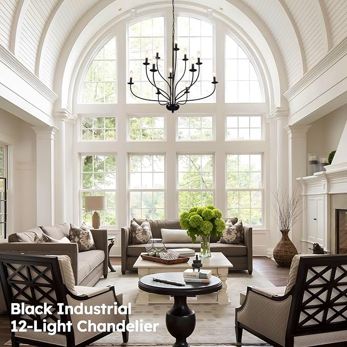 36" Black Farmhouse Chandelier for Dining Room, Modern Large Foyer Chandelier 12-Light Industrial Metal Candle Lighting Fixtures, Modern Farmhouse Chandeliers for Living Room Hallway Entryway E12