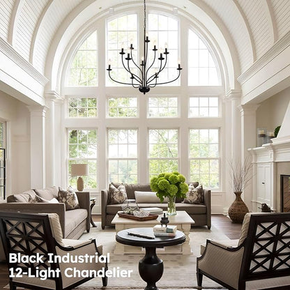 36" Black Farmhouse Chandelier for Dining Room, Modern Large Foyer Chandelier 12-Light Industrial Metal Candle Lighting Fixtures, Modern Farmhouse Chandeliers for Living Room Hallway Entryway E12