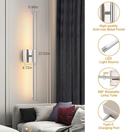 Morauroral Battery Operated Wall Sconces Set of 2, Dimmable Battery Wall Sconce with Remote Control, Sand-Nickel LED Rechargeable Sconces, 24 Inch Modern Wireless Wall Lights for Bedroom, Living Room