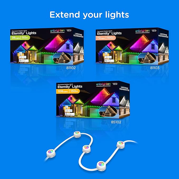Enbrighten Vibe Eternity Permanent Outdoor Lights Extension Only, 16.5ft with 12 RGBWIC LEDs, Not for Standalone Use, Enbrighten 50ft or 100ft Eternity Lights Needed, Extendable up to 200ft, 81104