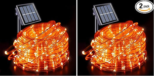 JMEXSUSS Orange Halloween Solar Lights, 66 ft 200 LED Rope Lights Outdoor Waterproof, PVC Tube Orange Christmas String Lights for Halloween Thanksgiving Fall Party Tree Fence Christmas (Pack of 2)
