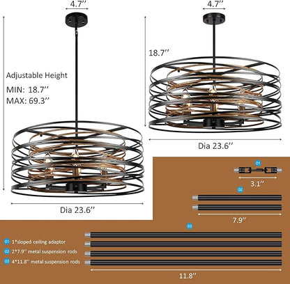 ACNKTZ 23.6'' Rustic Large Drum Chandeliers for Dining Room, 6-Light Modern Farmhouse Lighting for Kitchen Island, Retro Round Entryway Light Fixture, Black with Retro Wood Texture Interior