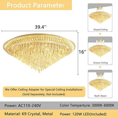 Modern LED Crystal Chandelier for Living Room Dimmable Large Ceiling Light Fixture Round Raindrop Chandeliers for Dining Room Entryway Bedroom Foyer Gold