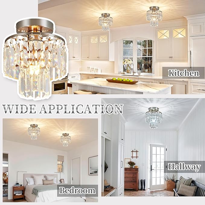 Crystal Ceiling Chandelier,Mini Chandelier Light Fixture with K9 Crystals,Brushed Nickel Finish for Living Room Entryway Bedroom Laundry Room,1-Light E26 Base