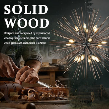 Large Wood Sputnik Chandeliers 18 Light Starburst Chandelier Light Fixture Solid Wood Farmhouse Black Satellite Light Fixture for Living Room Foyer Dining Room Hotal Hall 36in
