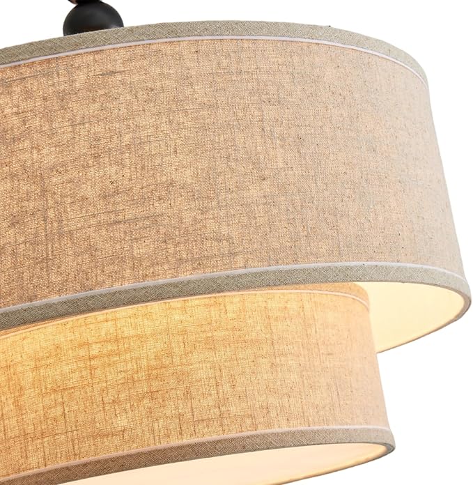 Shrine Lighting Double Drum Chandeliers, Farmhouse Style, Perfect Drum Pendant Light for Dining Room, D20'' x H10'', Adjustable Chains 55'', E12*4 Sockets, Beige Linen Fabric Lampshade & Black Rod