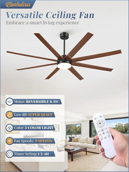 Fanbulous 72 Inch Large Ceiling Fans with Lights, Black Ceiling Fan with Remote Control, Dimmable, 3CCT, Quiet, Modern Ceiling fan For Living Room, Bedroom, Kitchen, Patio, Outdoor