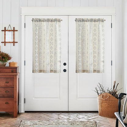 jinchan Boho Kitchen Curtains Linen Tier Curtains 45 Inches Bohemian Cafe Small Drapes Gray Striped Mudcloth Farmhouse for Bathroom RV Camper Light Filtering Rod Pocket 2 Panels Grey on Beige