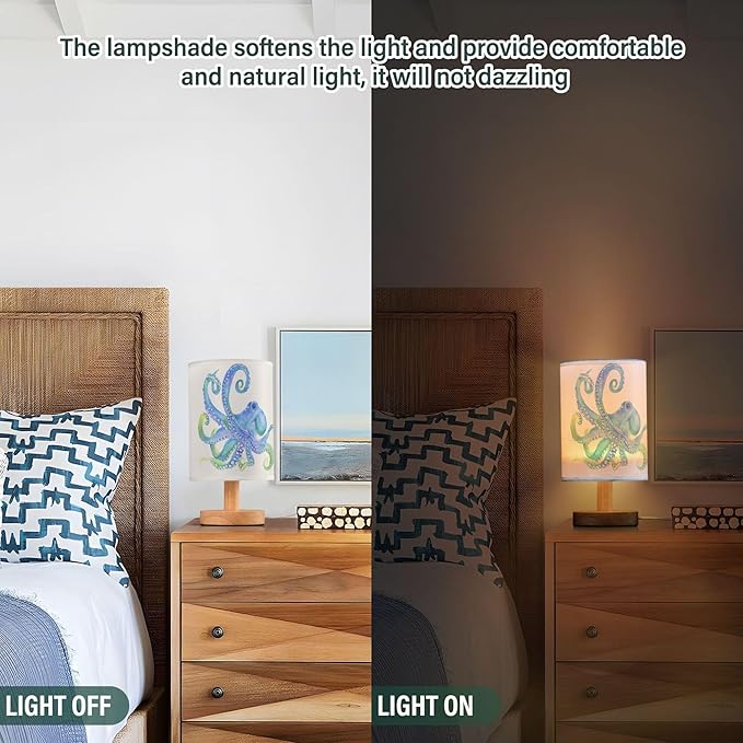 Watercolor Octopus with Tentacle Blue Purple Pastel Color Table Lamp with Wood Base Fabric Lamp Shade Bedside Nightstand Desk Lamp for Living Room Bedroom Kids Room Office