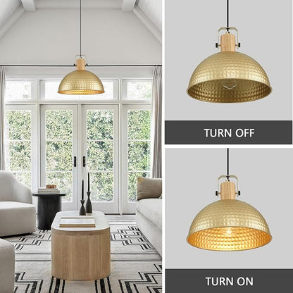 12 Inch Gold Pendant Lights Hammered Matte Pendant Lights for Kitchen Island Industrial Farmhouse Adjustable Height Dome Hanging Light Fixtures for Barn, Dining Room 3 Packs