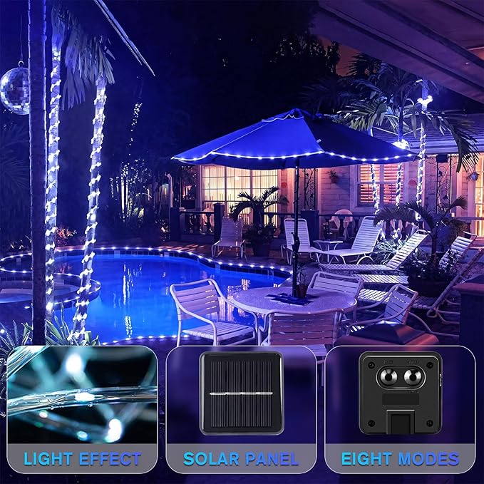 ANJAYLIA 33FT 100 LED Solar Rope Lights Outdoor Waterproof, Solar Powered Rope String Lights with 8 Modes for Outdoor, Patio, Garden, Camping, Holiday & Christmas Décor Cool White