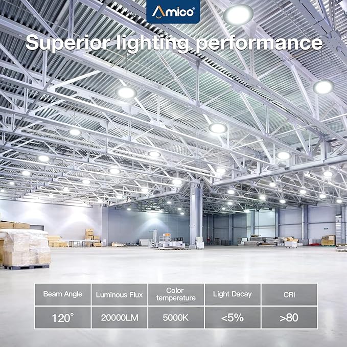 Amico UFO LED High Bay Light 150W 21000lm 5000K High Bay LED Shop Lights for Workshop Warehouse Barn with UL Listed US Hook 5' Cable Alternative to 650W MH/HPS for Commercial Lighting Fixture (10)