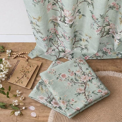 Simplebrand Light Green Floral Linen Textured Tier Kitchen Curtains 24 Inch 2 Panels, Light Filtering Privacy Cafe Small Window Curtains for Bathroom RV Camper, Soft Rod Pocket Panels, 30" W x 24" L