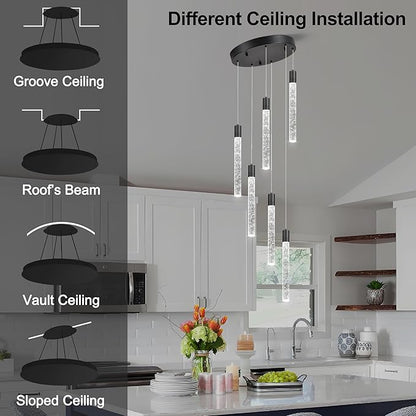 6 Light Pendant Lights Kitchen Island,Modern LED Bubble Crystal Pendants with Dimmable 3000K-6000K Ceiling Hanging Light Fixture for Dining Room Bedroom,Matte Black Finish,Adjustable Height 78"