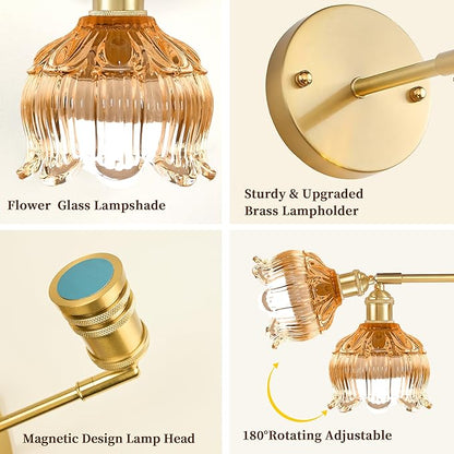 Wireless Wall Sconce with Flower lampshade, Battery Operated Wall Lights,Wall lamp with 15 Colors for Bedroom Living Room Home Decor (Amber, 2 Light Battery Operated)