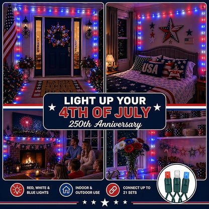 Novelty Lights 100 LED 50ft Red White Blue Lights, USA Patriotic 4th of July String Lights, Wide Angle Mini Lights on Green Wire, Commercial Grade, Connectable Indoor Outdoor Christmas Lights