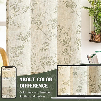 jinchan Floral Kitchen Curtains 36 Inch Linen Tier Curtains Farmhouse Cafe Half Window Drapes Over Sink Light Filtering for Living Room Laundry RV Rod Pocket 2 Panels Sage Green on Beige