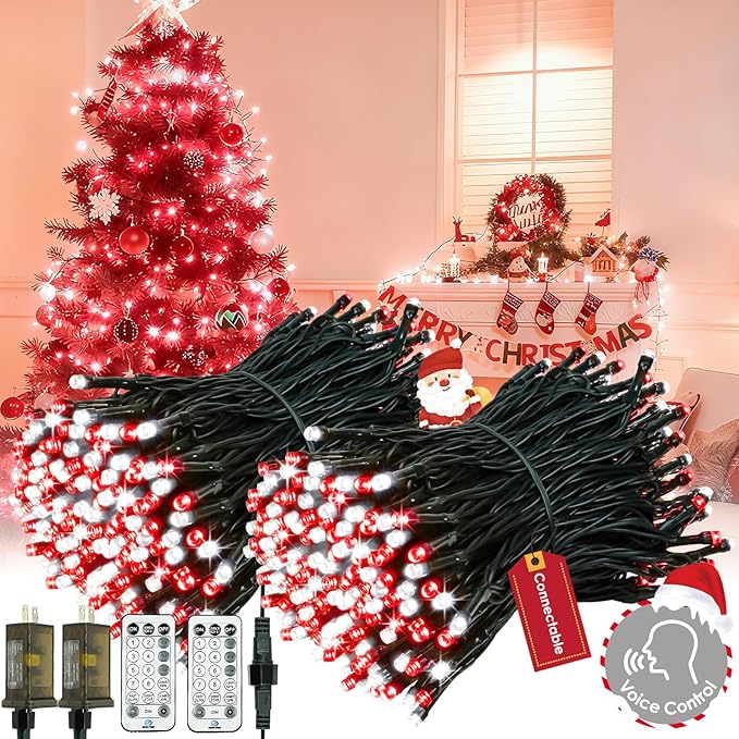 2026 New Voice Control Connectable 2PK 164FT 400LED Christmas String Lights Indoor Outdoor with Remote | Smart Twinkle Fairy String Lights 12 Modes & Timer for Xmas Tree Decor (Red & White)