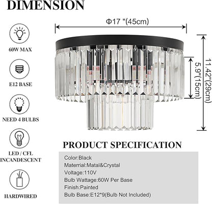 17" Black Crystal Ceiling Light 9-Light Modern Crystal Light Fixture 2-Tier Luxury K9 Crystal Ceiling Light,for Dining Room Kitchen Island Living Room Bedroom