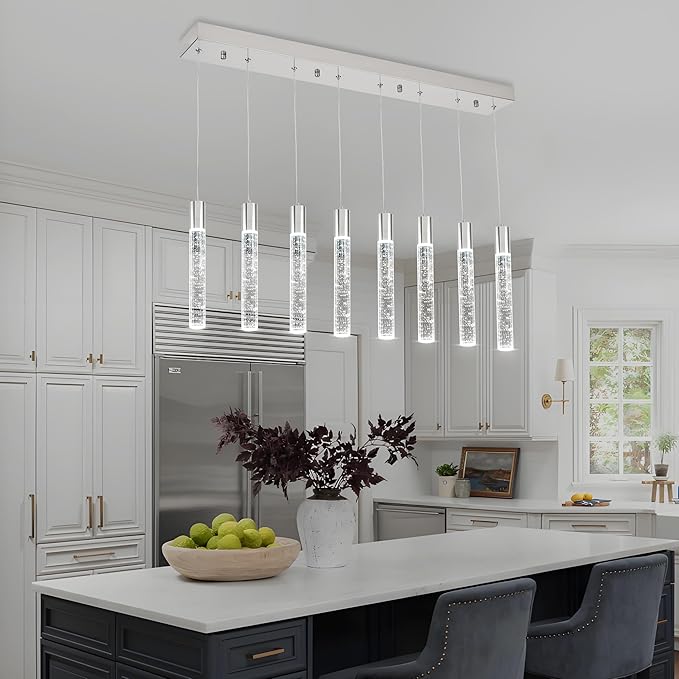 8 Light Pendant Lights Kitchen Island, Modern Chrome Crystal Pendants with Dimmable 3000K-6000K LED Ceiling Hanging Light Fixture for Dining Room Bedroom, Adjustable Height 78"
