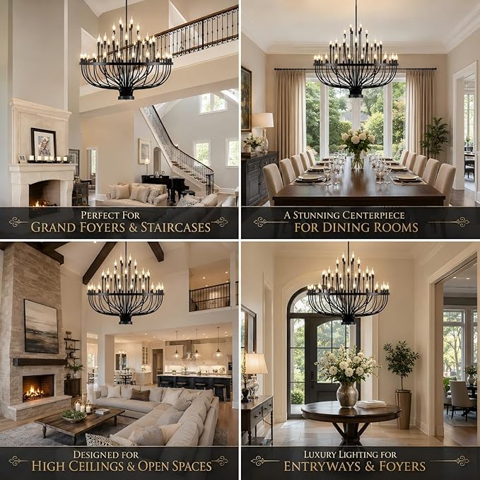 Shandaglo Large Chandelier for High Ceilings, 48-Light Black Wagon Wheel Chandelier, 47.2 Inch 3-Tier Extra Farmhouse Dining Room Light Fixture for Foyer, Living Room, Entryway