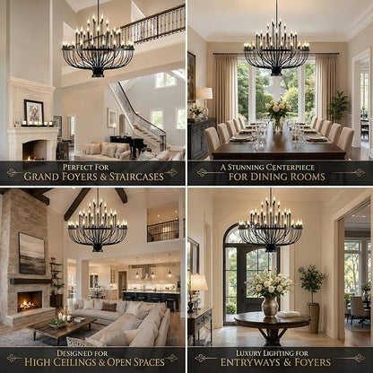 Shandaglo Large Chandelier for High Ceilings, 48-Light Black Wagon Wheel Chandelier, 47.2 Inch 3-Tier Extra Farmhouse Dining Room Light Fixture for Foyer, Living Room, Entryway