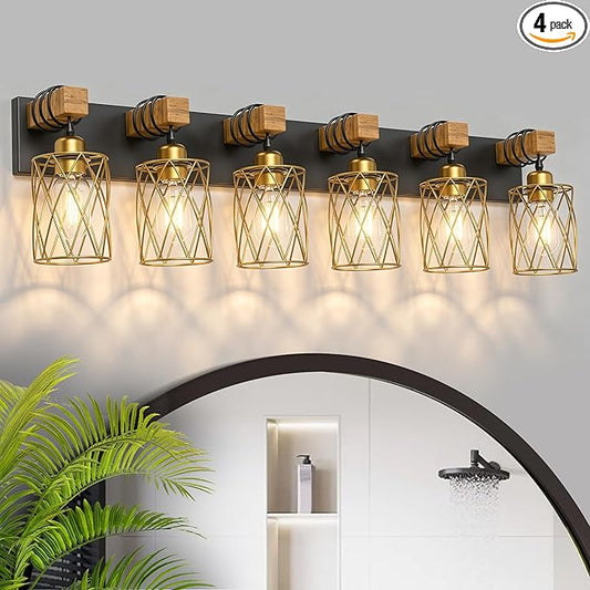 IZORRO Farmhouse Bathroom Vanity Light, 6-Light Wood Bathroom Light Fixtures Over Mirror, Black and Gold Industrial Vanity Lights with Metal Shade, Rustic Restroom Lighting Fixtures