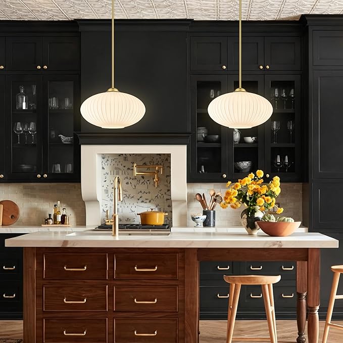 12" Milky White Glass Modern Pendant Light Kitchen Island Brushed Gold Mid Century Modern Pendant Lighting with Frosted Glass Hanging Pendants Light for Bedroom（Bulb Incl.）