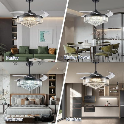 DuMaiWay 52" Dimmable Chandelier Ceiling Fan with Lights,Retractable Crystal Ceiling Fan Chandelier with Remote Control LED Light for Bedroom Living Room Polished Chrome Black 6 Speed 3 Light