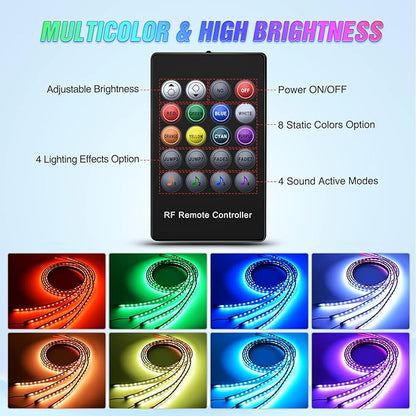 Nilight 4Pcs Car Underglow Neon Accent Strip Lights 252 LEDs RGB 8 Color Sound Active Function Music Mode with Wireless Remote Control Underbody Light Strips for Cars Van SUV Truck