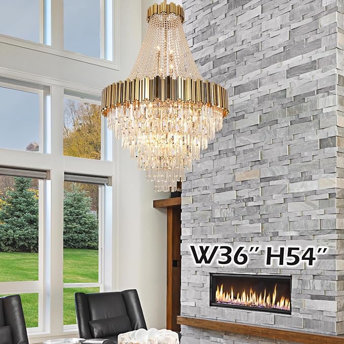 Crystal Chandeliers Modern Chandelier High Ceiling Foyer Entryway 21 Lights Gold Luxury Pendant Hanging Light Fixture for Living Room Entry Way Extra Large Vertical Tiered 36'' D x 54'' H