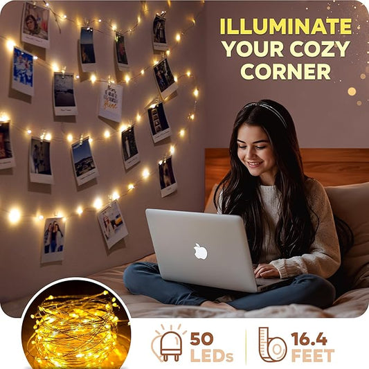 Mind-Glowing Photo Clips String Light - Warm White Fairy Lights with Clips for Hanging Pictures - Teen Girl Room Decor, Trendy Stuff - Birthday Gift for Any Year Old Tween Girls (50 LED, 16.4 ft)