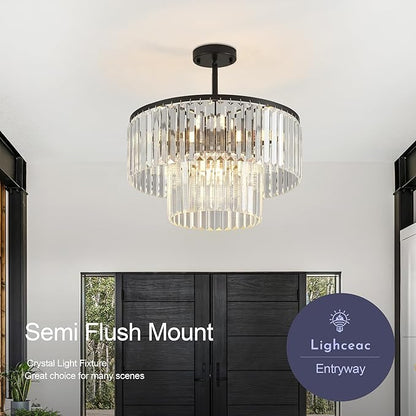 17.7" Black Semi Flush Mount 2-Tier Crystal Ceiling Light Fixtures for Dining Room Modern Luxury 8-Light Chandeliers Lighting for Bedroom Entryway Hallway Kitchen Island Living Room Foyer