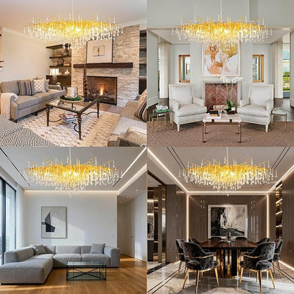 Gold Chandeliers for Dining Room Crystal Tree Branch Chandelier,47.24 Inch Modern Raindrop Chandeliers,Oval Dining Table Chandelier for Living Room,Entryway