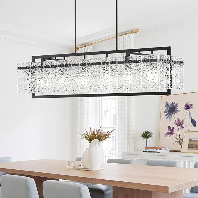 Modern Rectangle Black Crystal Chandeliers for Dining Room, 42" Large Rectangular Water Ripple Glass Island Light Fixture, Linear Farmhouse Lighting for Kitchen Island, Living Room
