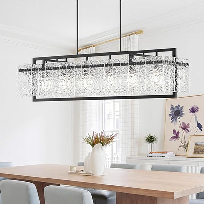 Modern Rectangle Black Crystal Chandeliers for Dining Room, 42" Large Rectangular Water Ripple Glass Island Light Fixture, Linear Farmhouse Lighting for Kitchen Island, Living Room