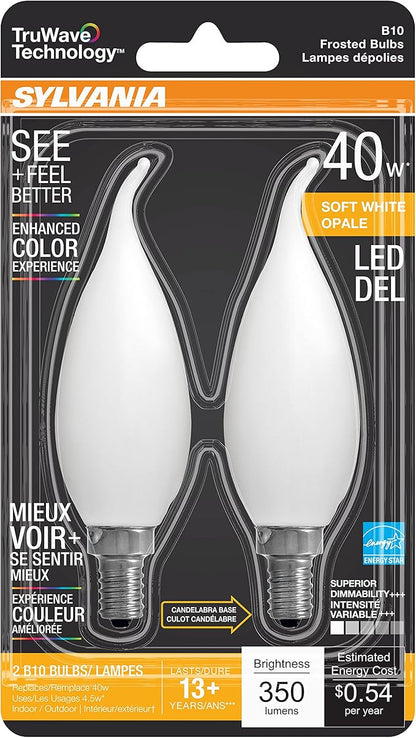 Sylvania LED TruWave Natural Series Candelabra Base Light Bulb, 40W Equivalent, Efficient 4.5W, Soft White, Dimmable, Frosted, Candle Tip - 2 Pack (40779)