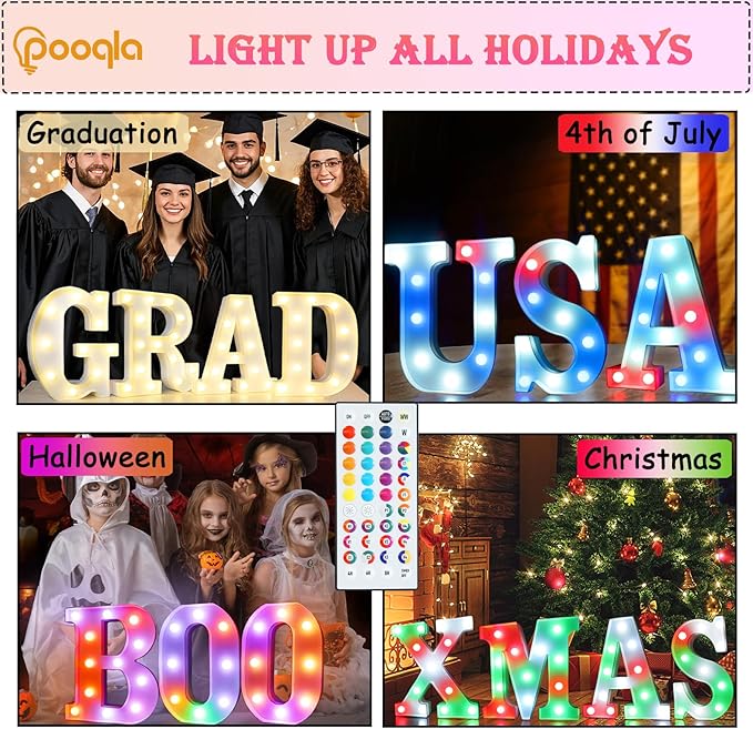 Pooqla Colorful Light Up Letters with Remote, Upgraded 35 Colors LED Marquee Letters, RGB Lighted Letter for Girls Teenager Gift Birthday Party Valentines Day Decorations Gift for Him Her, Letter E