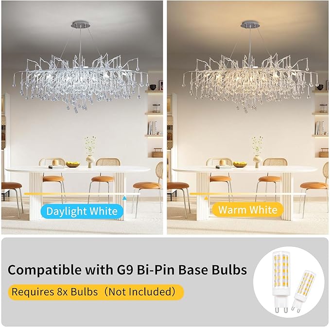 Modern Crystal Raindrop Chandelier, L40'' Silver Linear Rectangle Art Deco Tree Branch Lighting Fixture for Kitchen Island Living Room Foyer Staircase 10 Lights